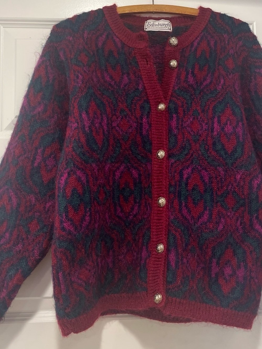 Women's Multi-Color Patterned Mohair Blend Cardigan - Berry